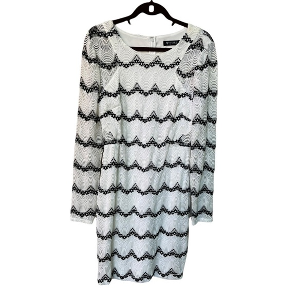 Guess Black/White scalloped Lace Illusion Scoop Neck Midi Bodycon dress - Picture 1 of 6